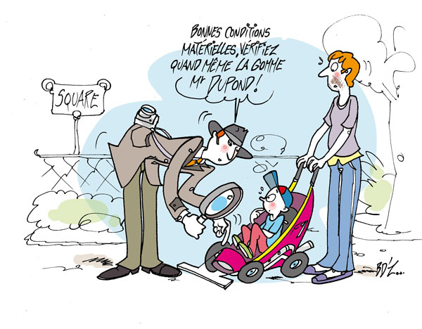 Le détective privé s'assure de la qualité de la poussette d'un enfant