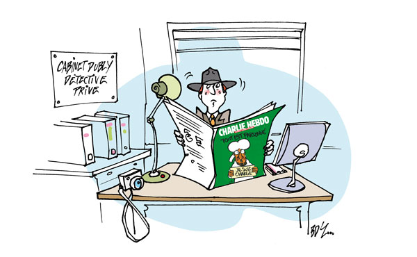 dubly détective lisant charlie hebdo